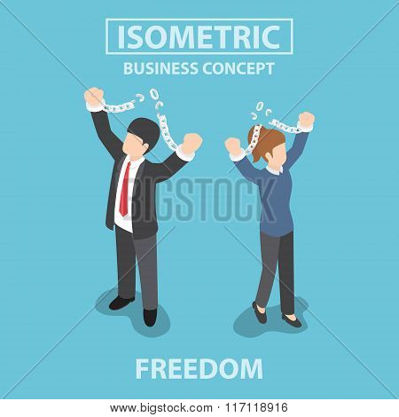 Isometric Bsiness People Breaking Metal Chain To Freedom