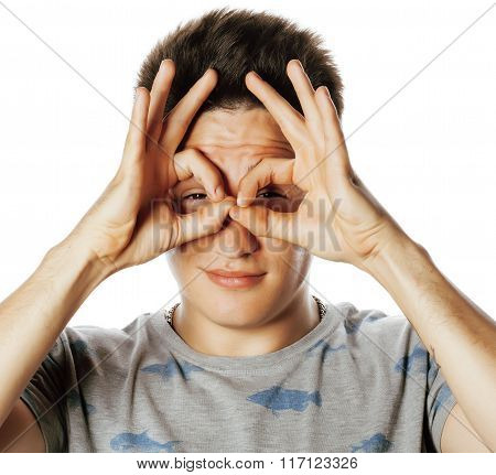 young attractive man isolated thinking emotional on white close up gesturing smiling