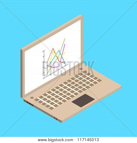 Isometric Illustration Witn Laptop And Line Chart On Blue Background