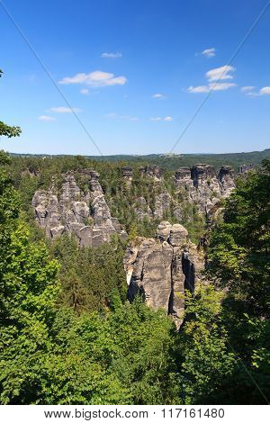 Panorama With Typical Rock Pinnacles At Bastei In Rathen, Saxon Switzerland