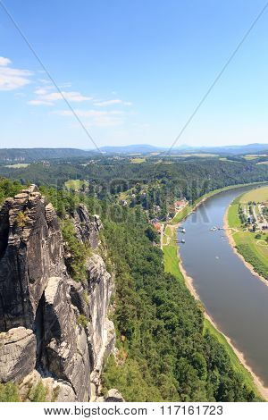 Panorama View To River Elbe From Rocks Bastei In Rathen, Saxon Switzerland