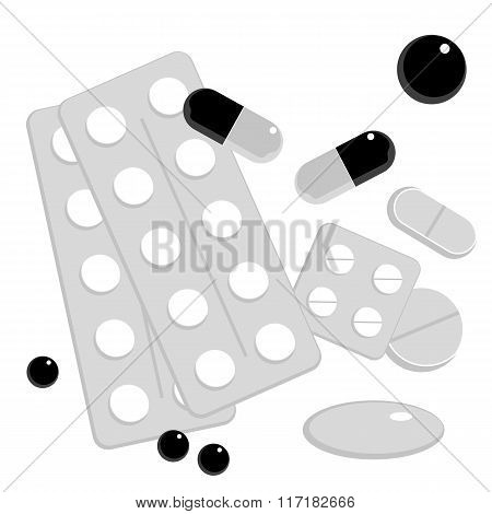 Tablets And Pills Vector Set Isolated On White Background.