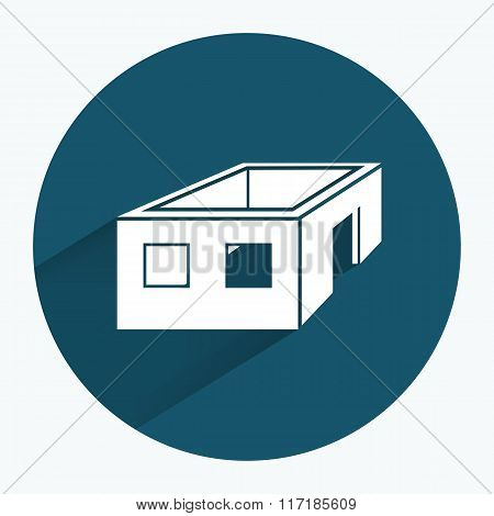House icon. Unfinished building without roof. Ownerless incomplete symbol. Round sign with long shad