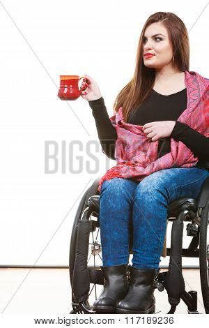 Woman Invalid Girl On Wheelchair Holds Tea Mug