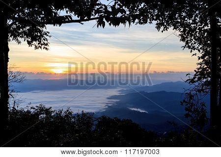 Sea of fog at dawn in the mountains north of Thailand.