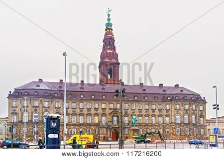 COPENHAGEN DENMARK - JANUARY 5 2011: View of Christiansborg Palace in Copenhagen in winter. Christiansborg Palace is a palace and government building on Slotsholmen in central Copenhagen Denmark.