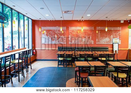 NICE, FRANCE - AUGUST 15, 2015: Subway fast food restaurant interior. Subway is an American fast food restaurant franchise that primarily sells submarine sandwiches (subs) and salads.