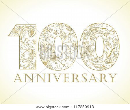 Creative logo concept of 100th anniversary congrats in ethnic patterns and birds of paradise. Isolated abstract graphic design template. Top 100, 0, second 1st place, floral gold congratulation sign.