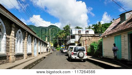 Cars Parked By Roadside In Soufriere
