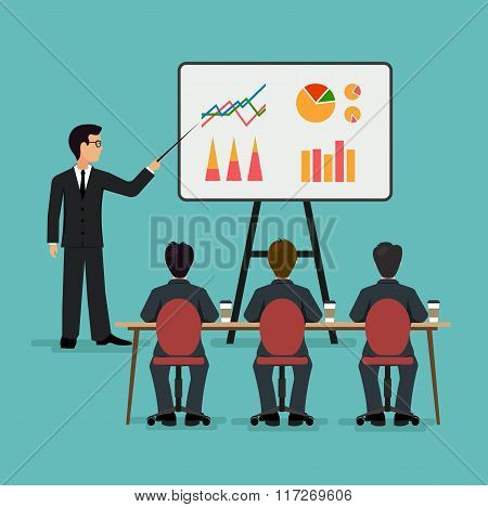 A group of people in the office. Economic seminar .Speaking to the audience flat style.