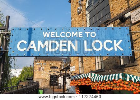 Welcome Banner At Entrance Of Camden Lock Market In London