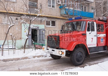 Fire Protection Machine Stands At The Entrance Of A Block Of Flats