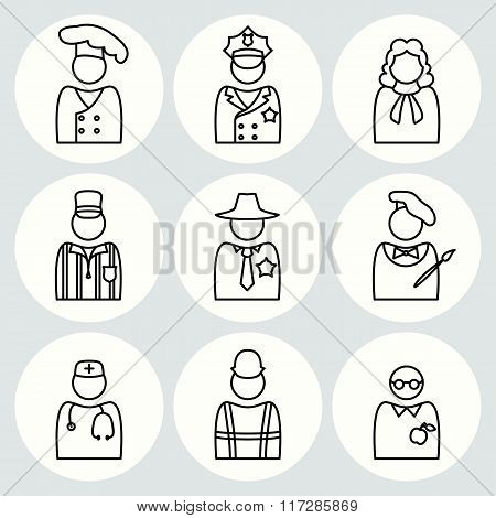 People profession icon set. Judge, artist, referee, doctor, teacher, sheriff, cook, builder, worker,