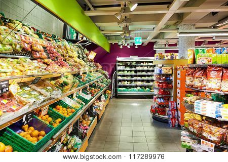 GENEVA, SWITZERLAND - SEPTEMBER 18, 2015: interior of Migros supermarket. Migros is Switzerland's largest retail company, its largest supermarket chain and largest employer