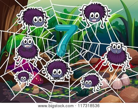 Number 7 with seven spiders on web illustration