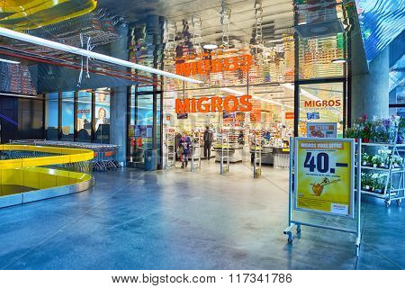 GENEVA, SWITZERLAND - SEPTEMBER 19, 2015: entrance to Migros supermarket. Migros is Switzerland's largest retail company, its largest supermarket chain and largest employer