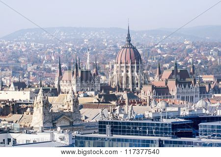 House of Parliament in Budapest. Airview with rooftops and a part of the city.