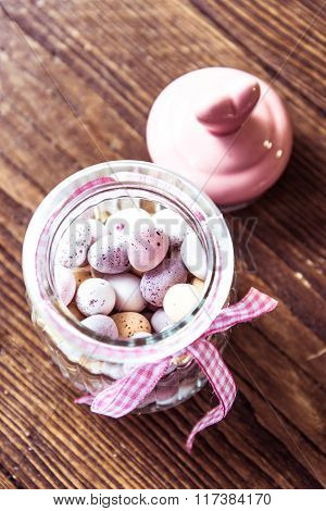 Masson Jar With Easter Chocolate Eggs.