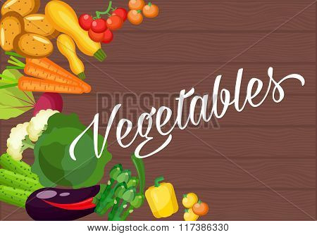 Ingredients for cooking on an old wooden table. Vegetarian flat design. Healthy food of different ve