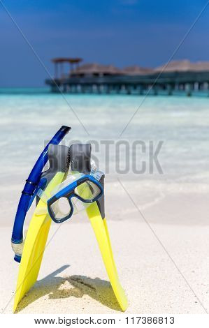 Snorkeling gear on a Maldivian beach