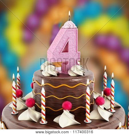 Birthday Cake With Number 4 Lit Candle