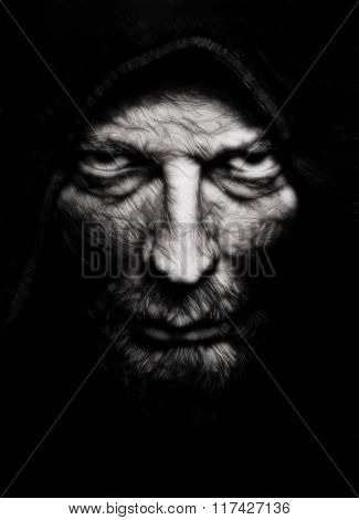 Scary evil wrinkled man over black