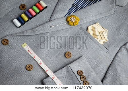 Double Breasted Button Suit, Grey Plaid Texture