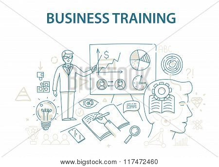 Doodle style design concept of business training and learning.