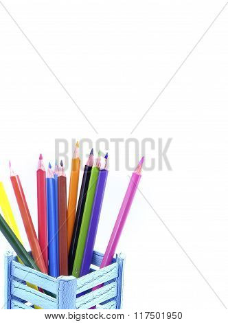 Colour pencils isolated on white background in box