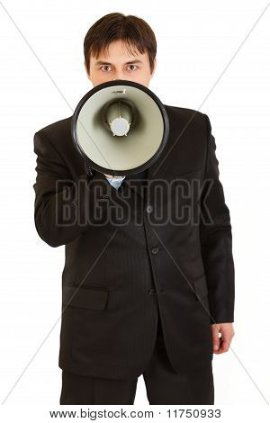 흰색 절연 확성기로 말하는 심각한 현대 사업