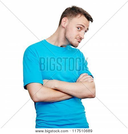 Weird young man in blue t-shirt