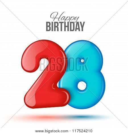 Number twenty eight, 28 greeting card, 3d number 28. The volume figure 28 years. Positive, colorful, figure. Vector illustration. Inflatable red, blue eighteen. Sample card. celebrating birthday.