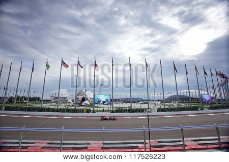 Sochi, Russia - October 11, 2015: Daniil Kvyat Of Infiniti Red Bull Racing F1 Team Racing At The Rac