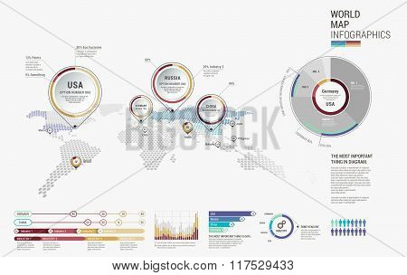 Set of infographics elements - world map pointers and diagrams templates. Vector illustration.