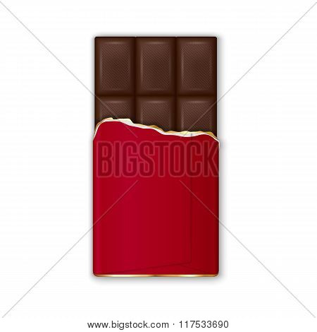 Chocolate Bar In Red Wrap With Golden Foil. Vector