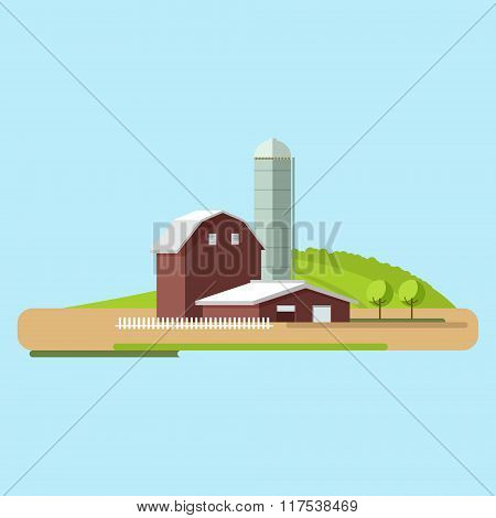 Vector Flat Illustrations Farm In Village.village Landscape.