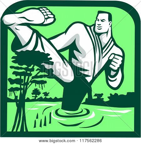 Martial Arts Fighter Kicking Cypress Tree Retro