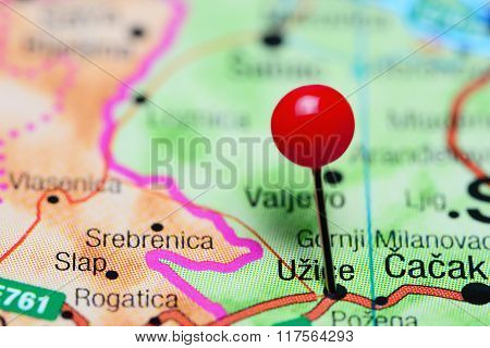 Uzice pinned on a map of Serbia