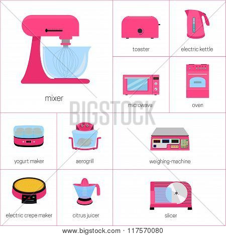 vector image set of kitchen appliances in pink