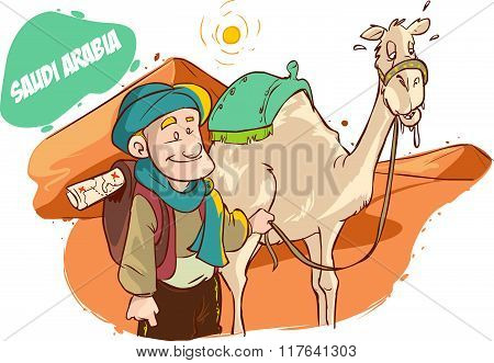 Vector Illustration Of A Tourist And Camel In The Desert
