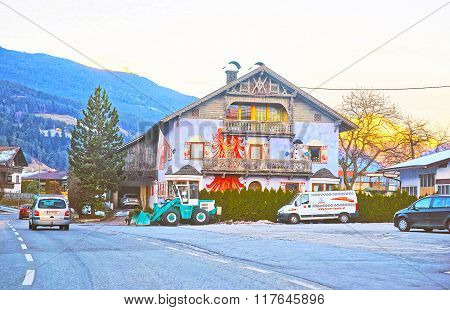 TARRENZ, AUSTRIA - JANUARY 6, 2015: Road View to a street in Tarrenz of Austria in winter. Tarrenz is a municipality in the Imst district in Tyrol of Austria.
