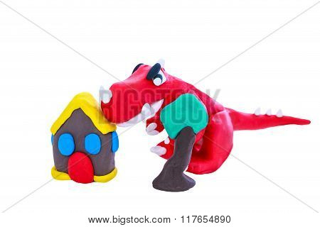 Creative Red Dinosaur Clay Model, Isolated. Play Dough Animal