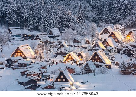 Shirakawago light-up with Snowfall Gifu Chubu Japan