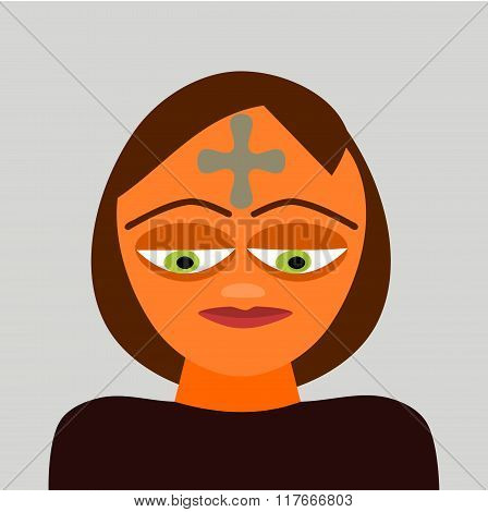 Stylized head of a person of indeterminate gender and age, with gray cross on his forehead.