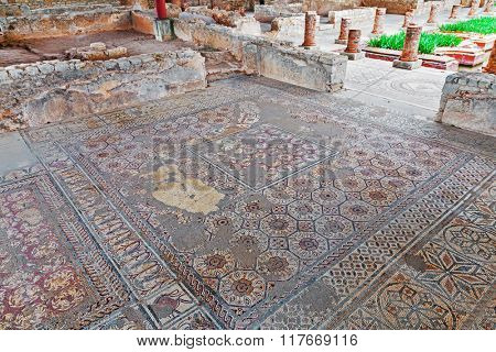 Very complex and elaborate Roman mosaic pavement in the House of the Fountains. Conimbriga in Portugal, is one of the best preserved Roman cities on the west of the empire.