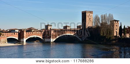 Adige River At Sunset With Castelvecchio And Scaliger Bridge