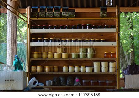 Jars of honey on the counter. Fresh honey from the apiary.
** Note: Soft Focus at 100%, best at smaller sizes