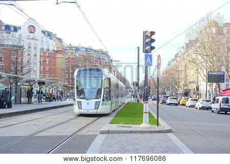 Paris, France, February 6, 2016: tram on the street of Paris, France