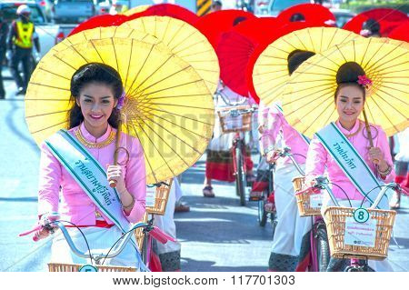 Pretty Woman In Parade,Umbrella Festival In Thailand.