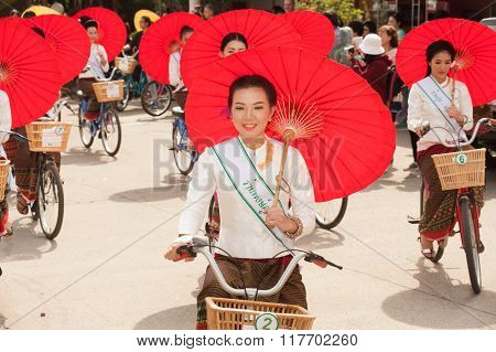 Pretty Woman In Parade,Umbrella Festival In Thailand.